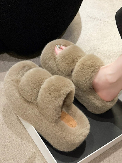 2024 Spring and Autumn New Style Small Thick-soled Pancake Thick-soled Height-increasing Plush Cotton Slippers for Women to Wear at Home Furry Shoes