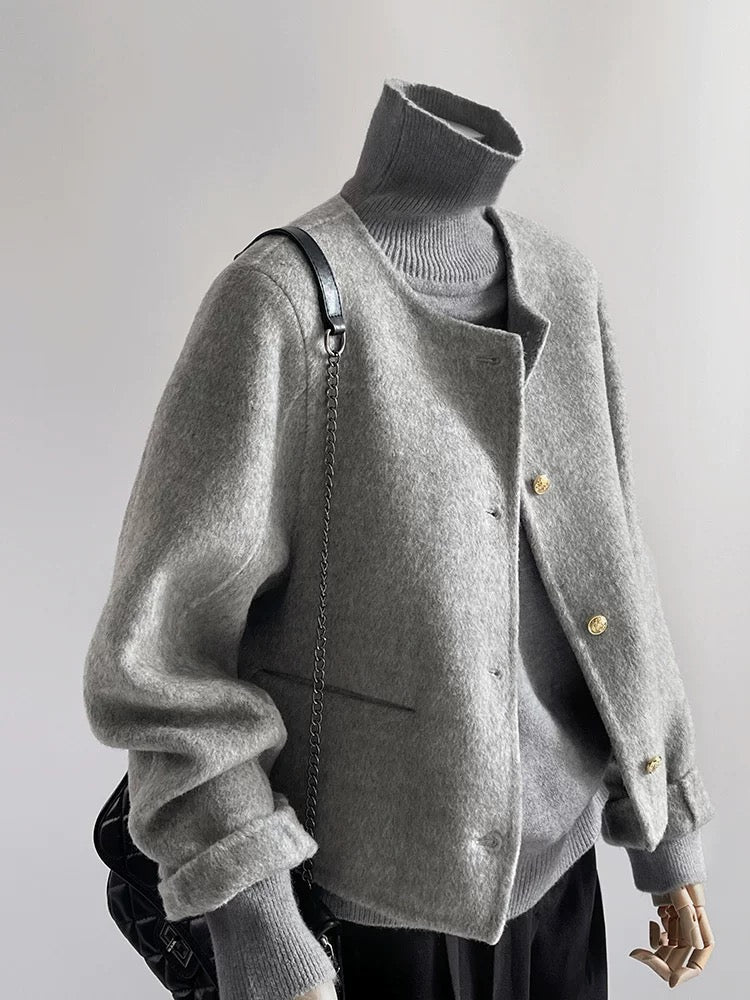 Gray double-sided woolen woolen coat for women, autumn and winter, high-end, small, unique, super good-looking, short woolen coat