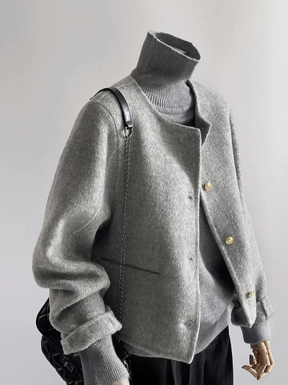 Gray double-sided woolen woolen coat for women, autumn and winter, high-end, small, unique, super good-looking, short woolen coat