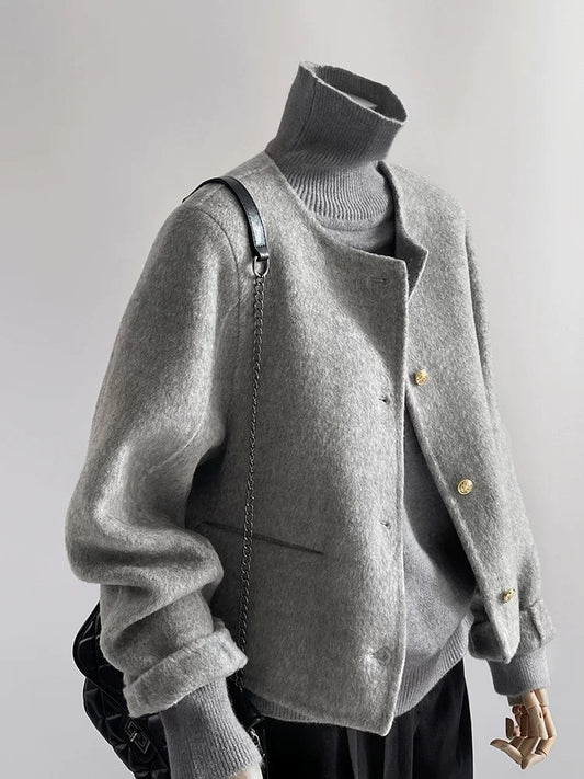 Gray double-sided woolen woolen coat for women, autumn and winter, high-end, small, unique, super good-looking, short woolen coat