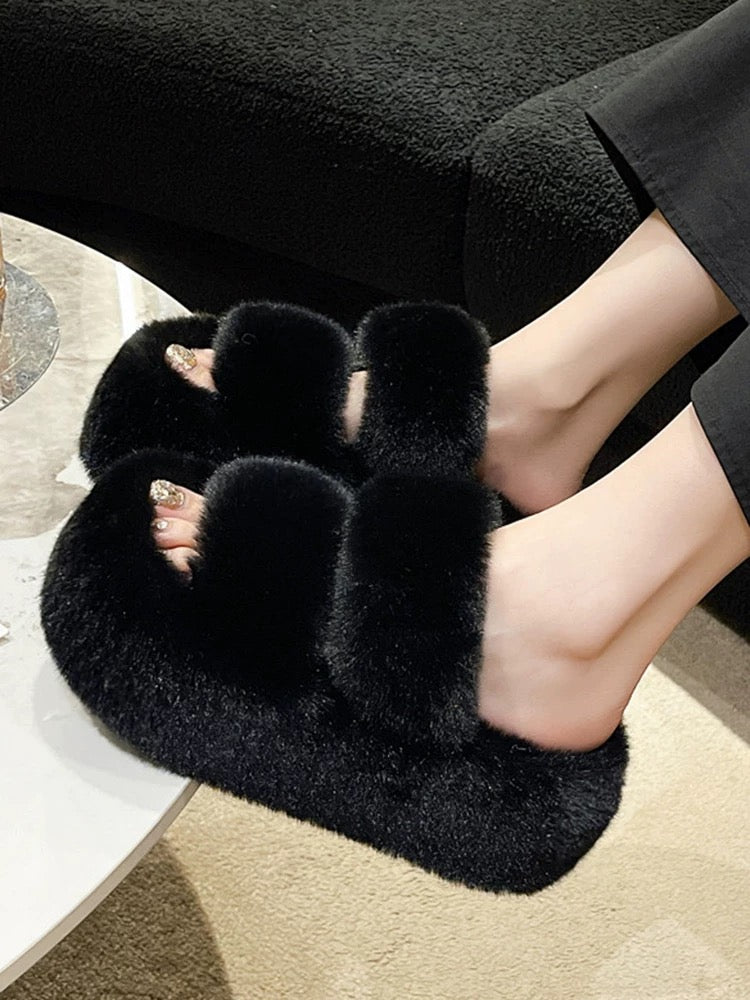 2024 Spring and Autumn New Style Small Thick-soled Pancake Thick-soled Height-increasing Plush Cotton Slippers for Women to Wear at Home Furry Shoes