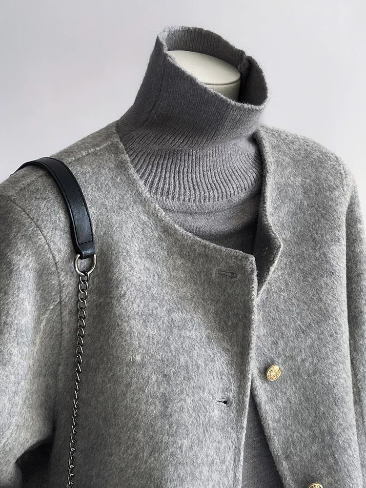 Gray double-sided woolen woolen coat for women, autumn and winter, high-end, small, unique, super good-looking, short woolen coat