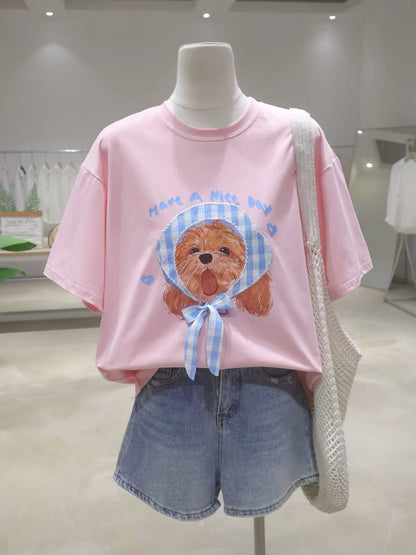 Flattering, youthful-look pure cotton short-sleeve T-shirt for women—featuring a bow and cartoon puppy design; loose, slimming, and versatile style for Summer 2026.