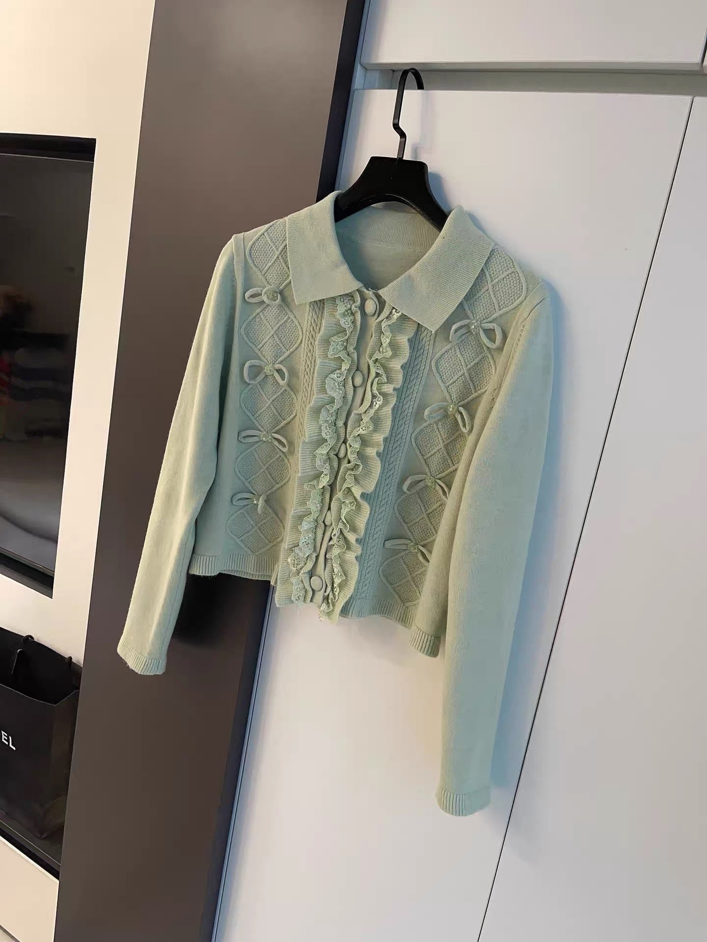 JULY START MIU Style Outfit ~ Autumn/Winter Heavy Lace Bow-Decorated Polo Collar Knit Cardigan
