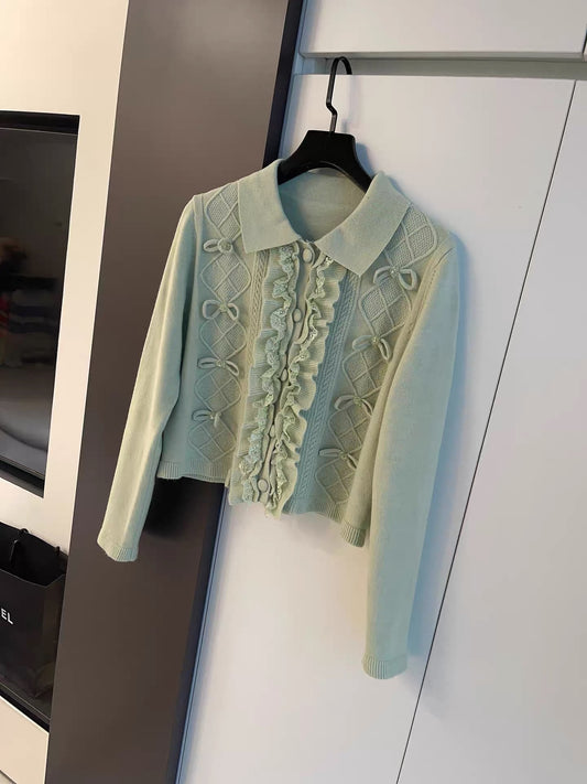 JULY START MIU Style Outfit ~ Autumn/Winter Heavy Lace Bow-Decorated Polo Collar Knit Cardigan