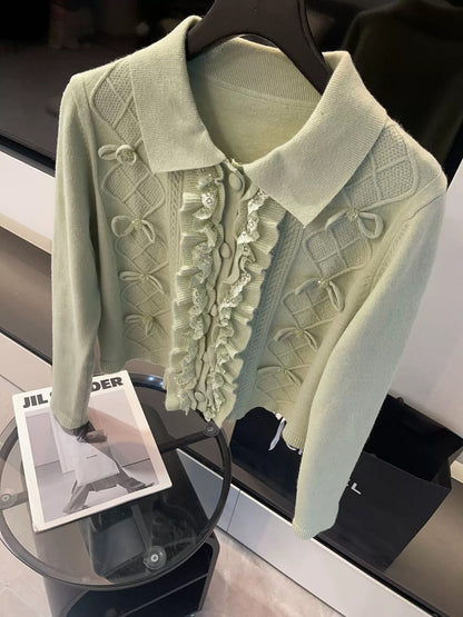 JULY START MIU Style Outfit ~ Autumn/Winter Heavy Lace Bow-Decorated Polo Collar Knit Cardigan