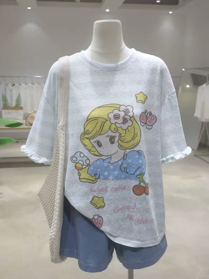 Breathable, Girlish-Style Cartoon Girl Print T-Shirt with Ruffled Sleeves – Summer 2026 Loose-Fit Pure Cotton Fine-Stripe Short-Sleeve Tee for Women