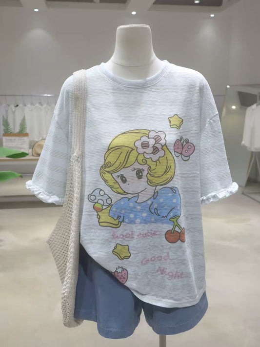 Breathable, Girlish-Style Cartoon Girl Print T-Shirt with Ruffled Sleeves – Summer 2026 Loose-Fit Pure Cotton Fine-Stripe Short-Sleeve Tee for Women