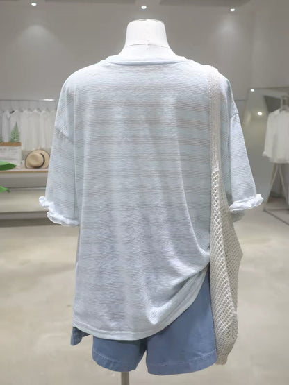 Breathable, Girlish-Style Cartoon Girl Print T-Shirt with Ruffled Sleeves – Summer 2026 Loose-Fit Pure Cotton Fine-Stripe Short-Sleeve Tee for Women
