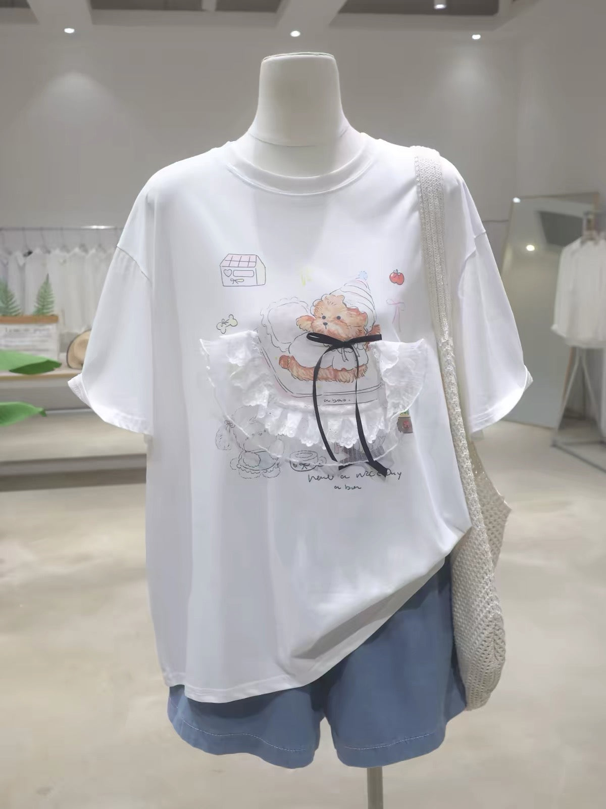 2026 Summer New Arrival: Youthful & Cute Lace Cartoon Bear Pure Cotton T-Shirt – Loose, Slimming, and Versatile Short-Sleeve Style for Women