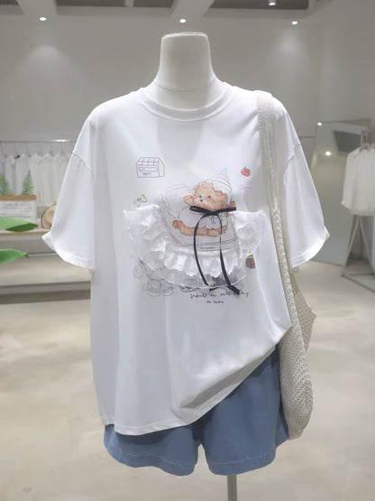 2026 Summer New Arrival: Youthful & Cute Lace Cartoon Bear Pure Cotton T-Shirt – Loose, Slimming, and Versatile Short-Sleeve Style for Women