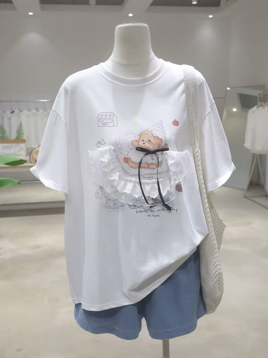 2026 Summer New Arrival: Youthful & Cute Lace Cartoon Bear Pure Cotton T-Shirt – Loose, Slimming, and Versatile Short-Sleeve Style for Women