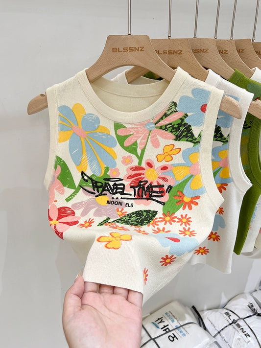 Summer Dopamine Hand-painted Sleeveless Vest Women's Summer Outerwear and Interior Design Niche Knitted Slim Fit Top