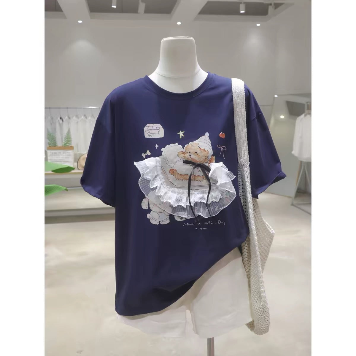 2026 Summer New Arrival: Youthful & Cute Lace Cartoon Bear Pure Cotton T-Shirt – Loose, Slimming, and Versatile Short-Sleeve Style for Women