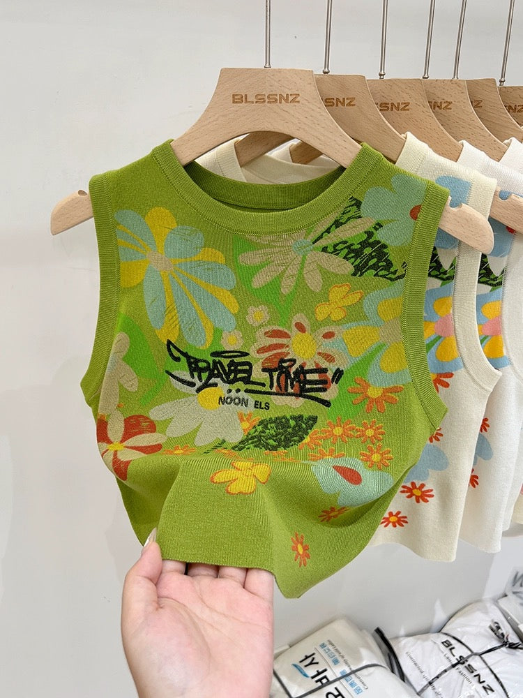 Summer Dopamine Hand-painted Sleeveless Vest Women's Summer Outerwear and Interior Design Niche Knitted Slim Fit Top