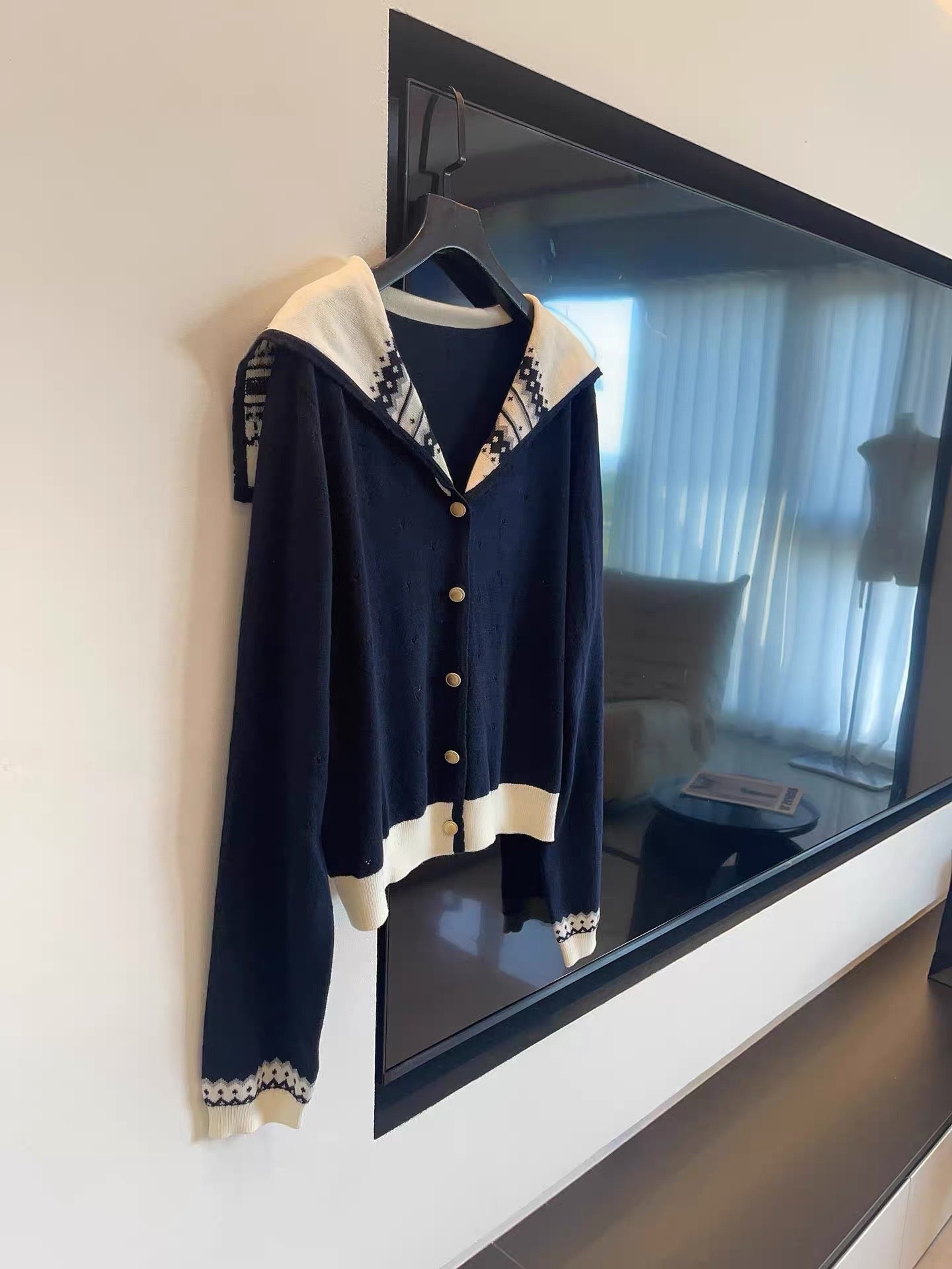 JULY START MIU Style Outfit ~ Sweet and Youthful Color-Blocked Jacquard Sailor Collar Long-Sleeve Knit Cardigan Top