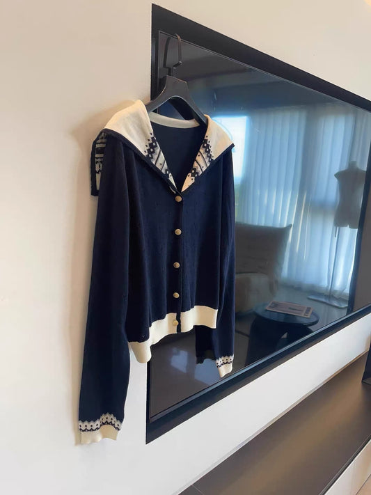 JULY START MIU Style Outfit ~ Sweet and Youthful Color-Blocked Jacquard Sailor Collar Long-Sleeve Knit Cardigan Top
