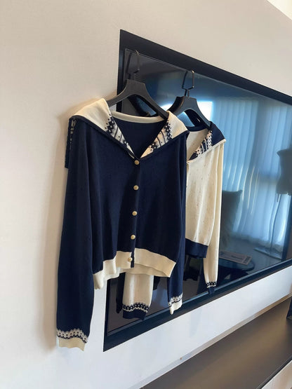 JULY START MIU Style Outfit ~ Sweet and Youthful Color-Blocked Jacquard Sailor Collar Long-Sleeve Knit Cardigan Top