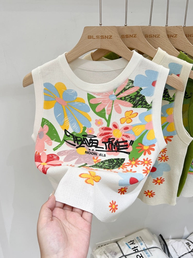 Summer Dopamine Hand-painted Sleeveless Vest Women's Summer Outerwear and Interior Design Niche Knitted Slim Fit Top