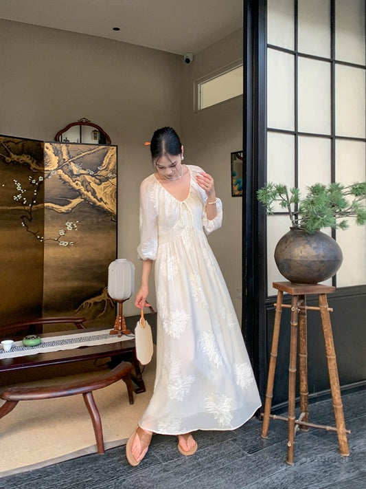 JWUNIQUE off-white new Chinese style V-neck dress women's summer 2024 new A-line skirt long skirt