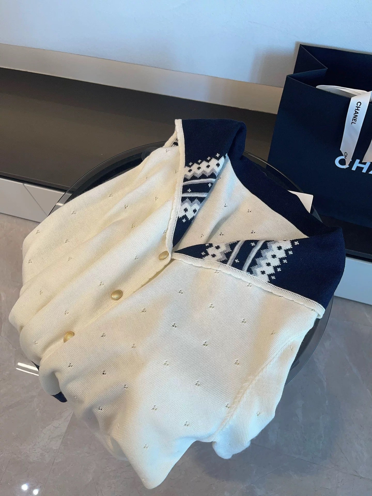 JULY START MIU Style Outfit ~ Sweet and Youthful Color-Blocked Jacquard Sailor Collar Long-Sleeve Knit Cardigan Top