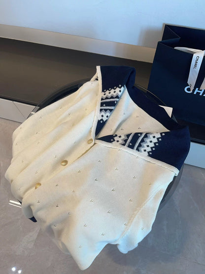 JULY START MIU Style Outfit ~ Sweet and Youthful Color-Blocked Jacquard Sailor Collar Long-Sleeve Knit Cardigan Top