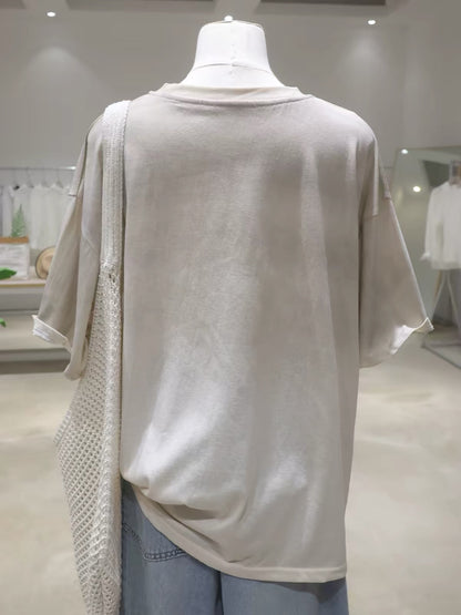 Women's Summer 2026 Loose-Fit Pure Cotton Short-Sleeve T-Shirt – Featuring a Textured Gradient Bow & Puppy Print; Versatile & Slimming Style