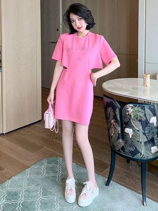 MIUCO Youthful and Vibrant Round Neck Short Sleeve Trendy Letter Waist Small A-line T-shirt Dress [Ready Stock]