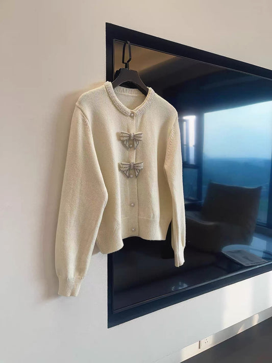 JULY START Early Spring Gentle Sweet and Youthful Long-Sleeved Knit Cardigan with Beaded and Rhinestone Embellished Bow