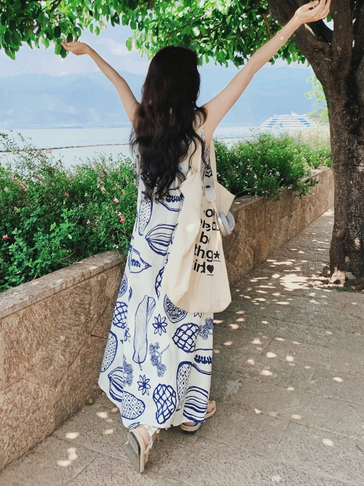 Seaside holiday sleeveless dress for summer outings, French retro literary and artistic lazy style relaxed cotton and linen long skirt