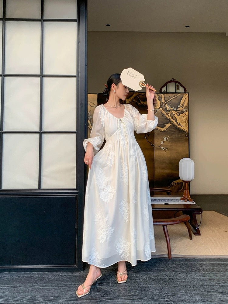 JWUNIQUE off-white new Chinese style V-neck dress women's summer 2024 new A-line skirt long skirt