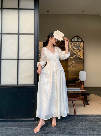 JWUNIQUE off-white new Chinese style V-neck dress women's summer 2024 new A-line skirt long skirt