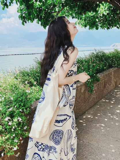 Seaside holiday sleeveless dress for summer outings, French retro literary and artistic lazy style relaxed cotton and linen long skirt