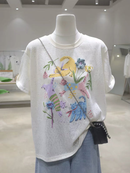 Women's Summer Loose-Fit Linen-Cotton Short-Sleeve T-Shirt – Breathable, Slimming, and Versatile; Features Colorful Speckles and a 3D Floral Kitten Design (Model 2026)