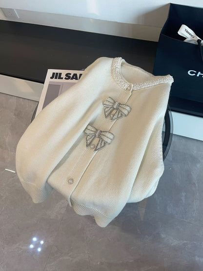 JULY START Early Spring Gentle Sweet and Youthful Long-Sleeved Knit Cardigan with Beaded and Rhinestone Embellished Bow