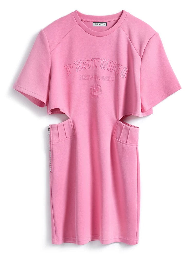 MIUCO Youthful and Vibrant Round Neck Short Sleeve Trendy Letter Waist Small A-line T-shirt Dress [Ready Stock]