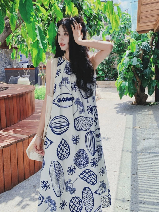 Seaside holiday sleeveless dress for summer outings, French retro literary and artistic lazy style relaxed cotton and linen long skirt