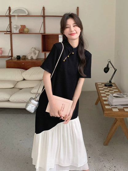 New Chinese style contrasting color splicing dress for women 2024 summer new style high-end slim slimming fishtail long skirt
