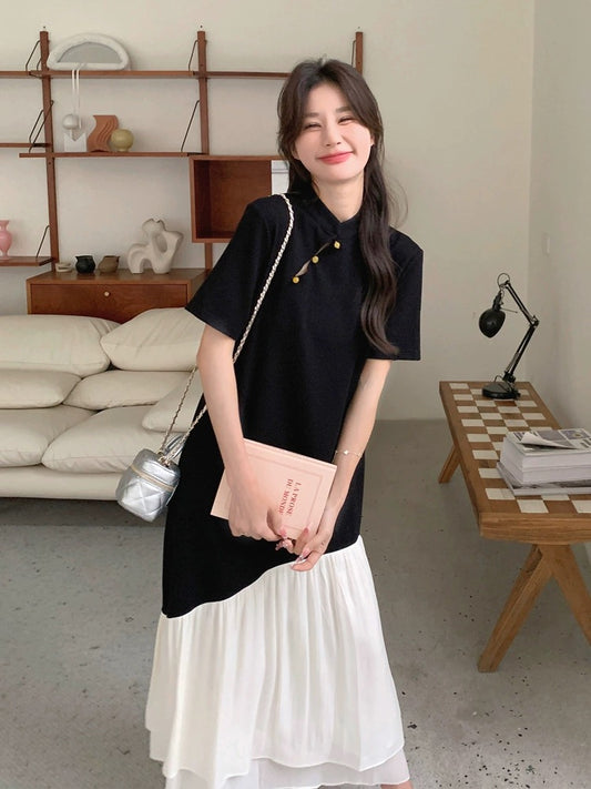 New Chinese style contrasting color splicing dress for women 2024 summer new style high-end slim slimming fishtail long skirt