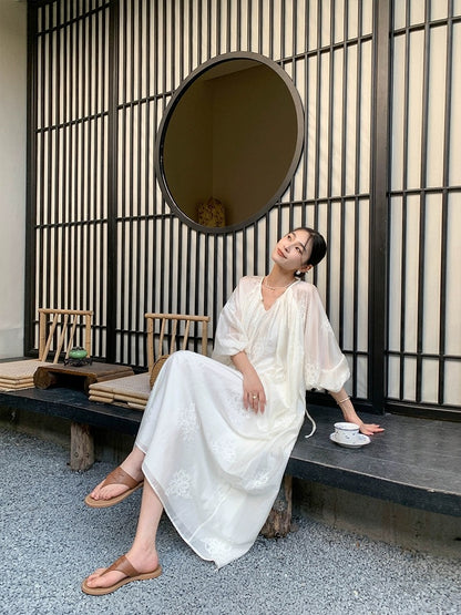 JWUNIQUE off-white new Chinese style national style dress women's summer 2024 new loose and slim long skirt