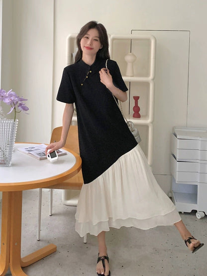 New Chinese style contrasting color splicing dress for women 2024 summer new style high-end slim slimming fishtail long skirt