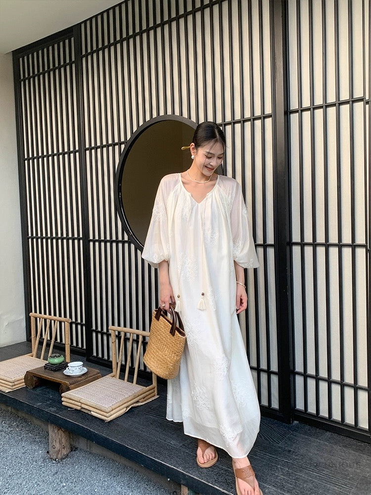 JWUNIQUE off-white new Chinese style national style dress women's summer 2024 new loose and slim long skirt