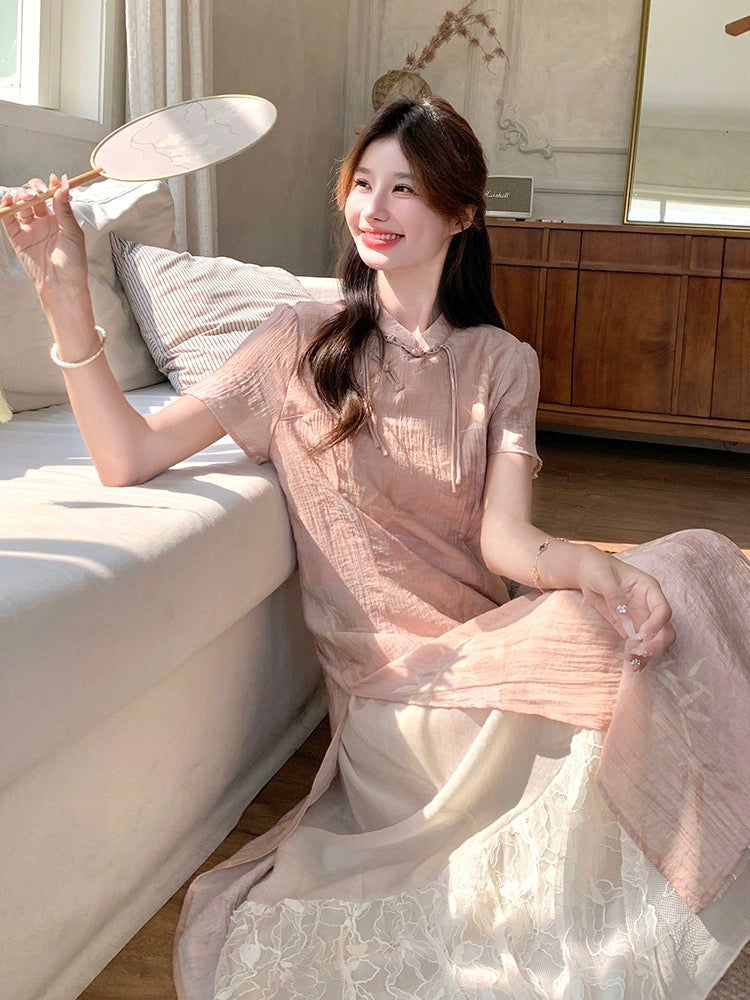 Pink new Chinese dress for women summer 2024 new style gentle and beautiful waist slimming improved cheongsam skirt