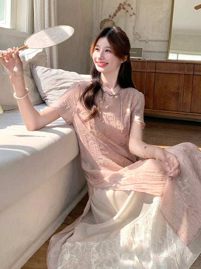 Pink new Chinese dress for women summer 2024 new style gentle and beautiful waist slimming improved cheongsam skirt