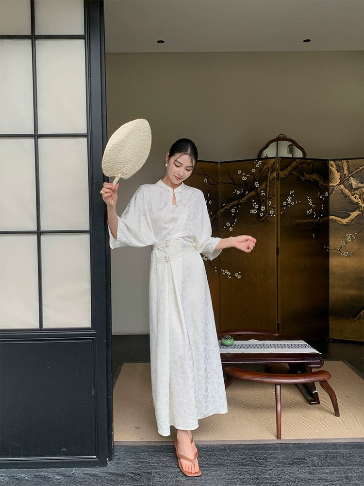 JWUNIQUE off-white new Chinese style national style dress women's summer 2024 new waist slimming niche long skirt