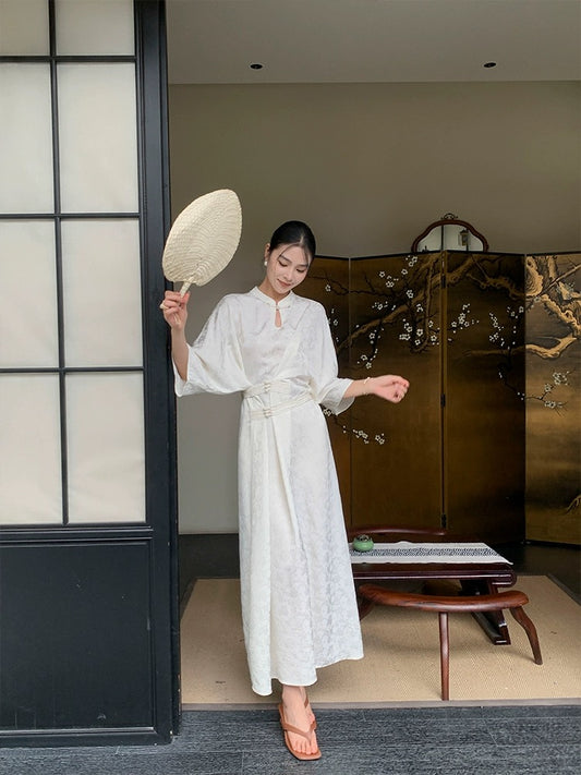 JWUNIQUE off-white new Chinese style national style dress women's summer 2024 new waist slimming niche long skirt