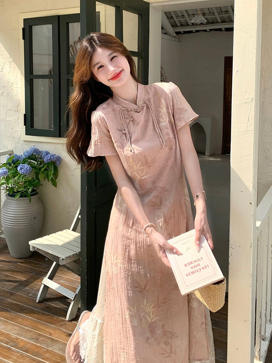 Pink new Chinese dress for women summer 2024 new style gentle and beautiful waist slimming improved cheongsam skirt