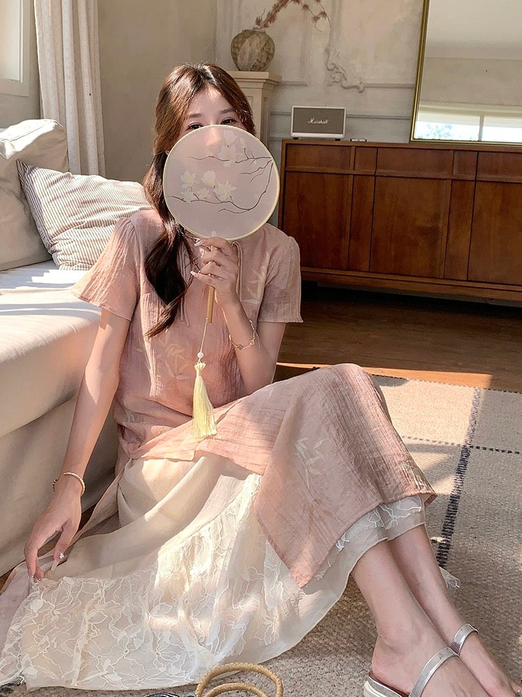 Pink new Chinese dress for women summer 2024 new style gentle and beautiful waist slimming improved cheongsam skirt