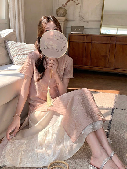 Pink new Chinese dress for women summer 2024 new style gentle and beautiful waist slimming improved cheongsam skirt
