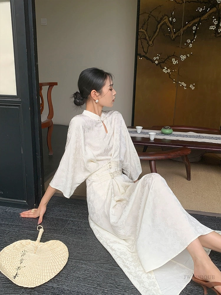 JWUNIQUE off-white new Chinese style national style dress women's summer 2024 new waist slimming niche long skirt